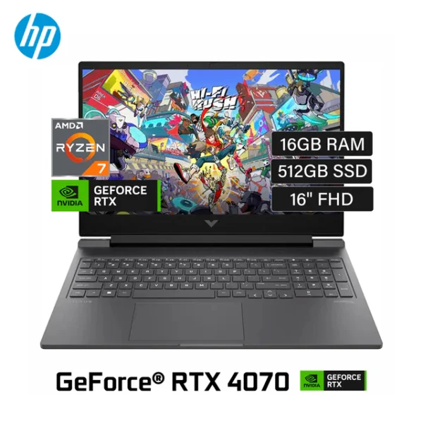 Laptop  HP Victus 16,AMD Ryzen 7-8845HS,16GB,512GB SSD,NVIDIA GeForce RTX 4070/8GB,16.1”(1920X1080)144Hz,W11 (142020)