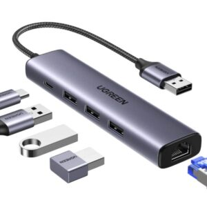 ADAPTADOR UGREEN CM475 USB 3.0 A 3XUSB 3.0 + RJ45 1000M CON ALIMENTACION USB-C 60554