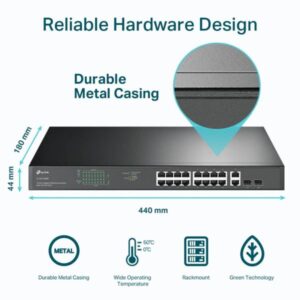 SWITCH TP LINK TL-SG1218MP 16 PUERTOS GIGABIT PoE+ / 2 PUERTOS GIGABIT RJ45 / 2 PUERTOS SFP RACK SMART MANAGED ADMINISTRABLE NEGRO