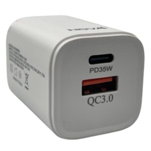 CARGADOR DE PARED NOVA PA035RBU001C 35W 1 PUERTO USB-C Y 1 PUERTO USB-A CARGA RAPIDA BLANCO